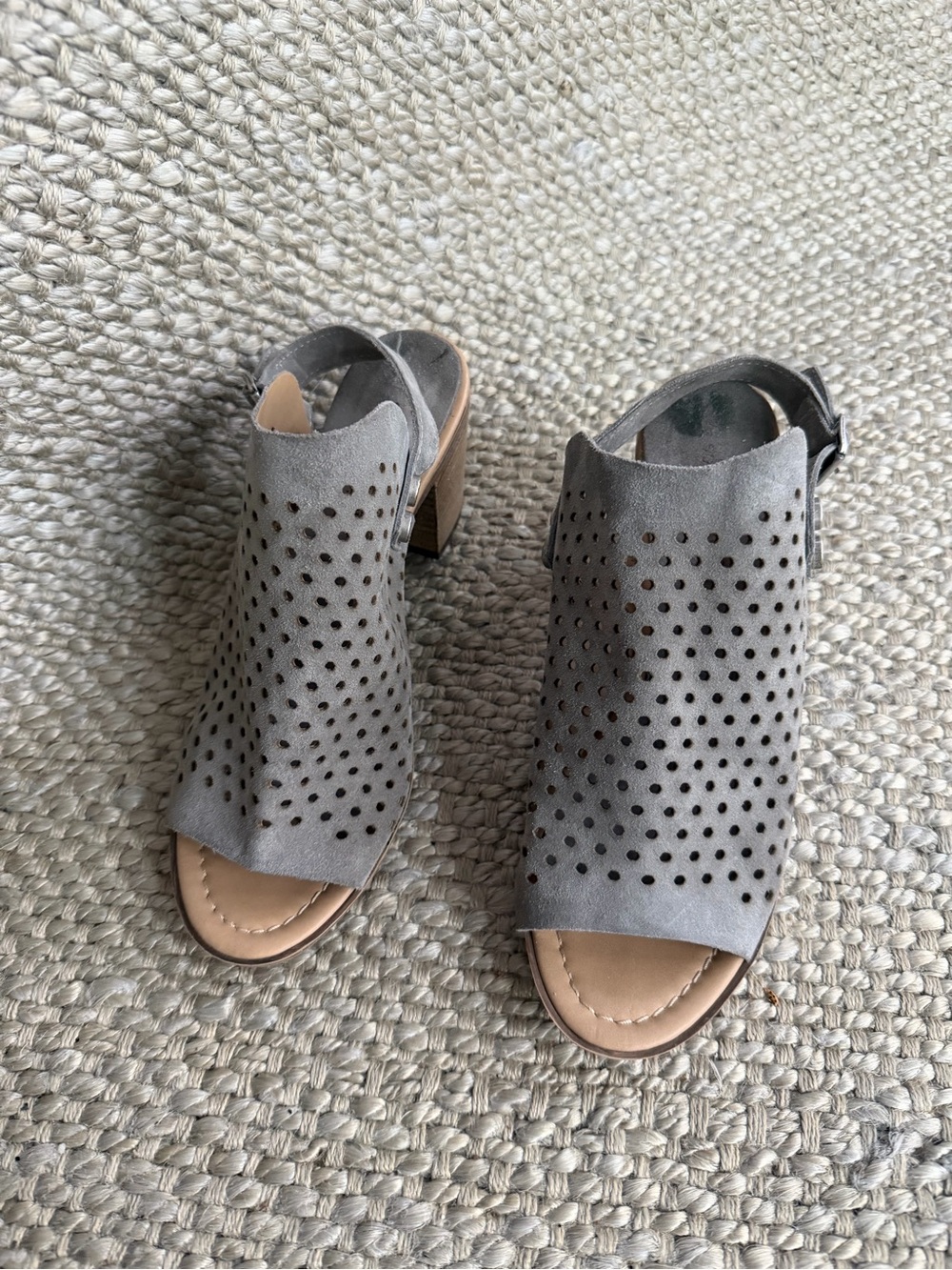 Perforated Grey Suede Open-Toe Slingback Mules